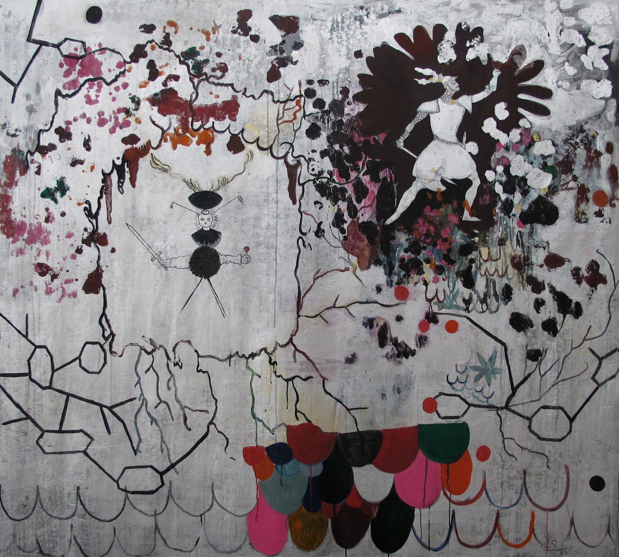 © Hélène Delprat Chanson de geste pleine de héros épiques qui forcent l'admiration, 2013, Pigments et liant acrylique, crayon de couleur et gouache sur toile, 160 x 180 cm, Adagp, Paris, 2021, Courtesy de l’artiste et de la Galerie Christophe Gaillard